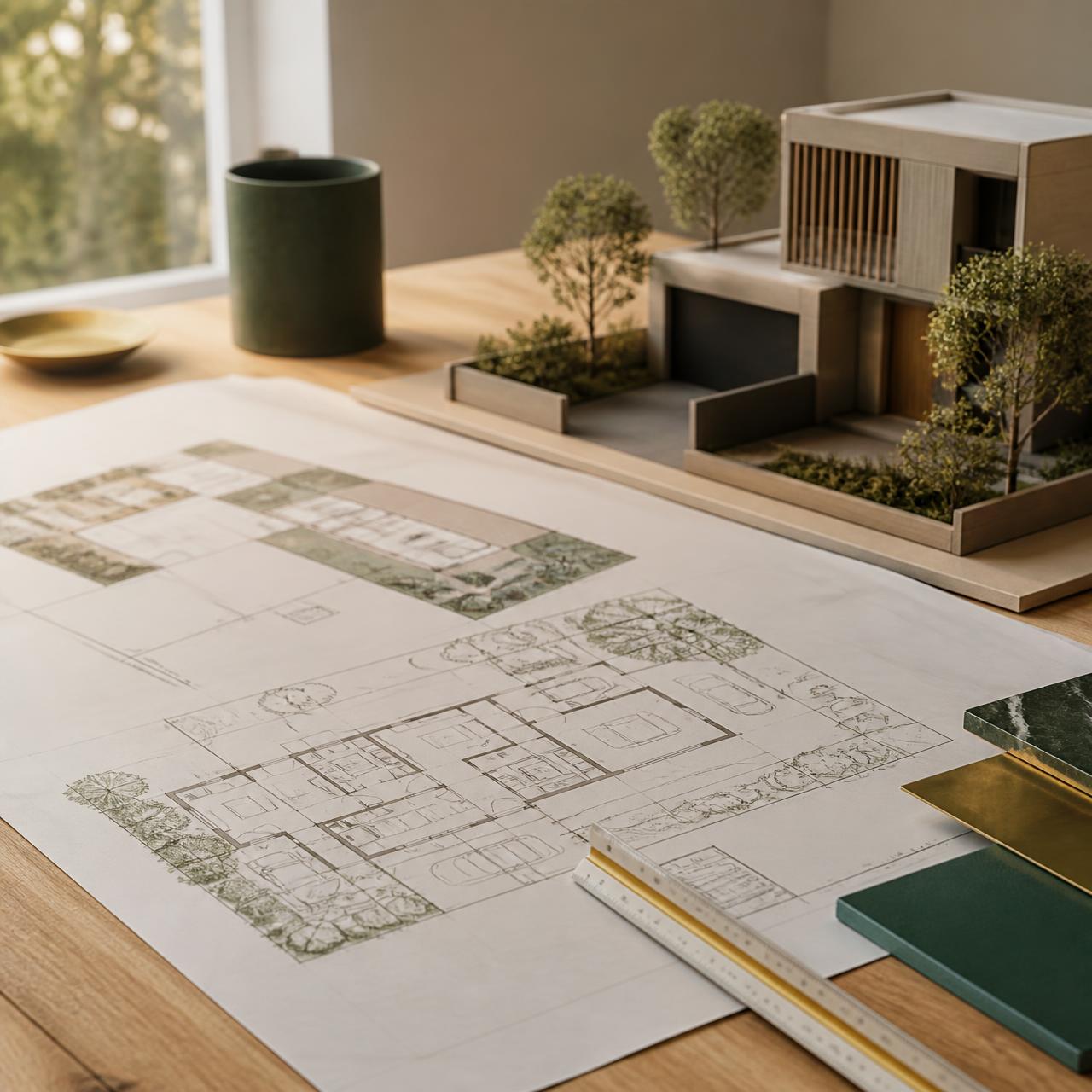 Architectural plans and a scale model of a modern Australian residential development on a warm oak desk